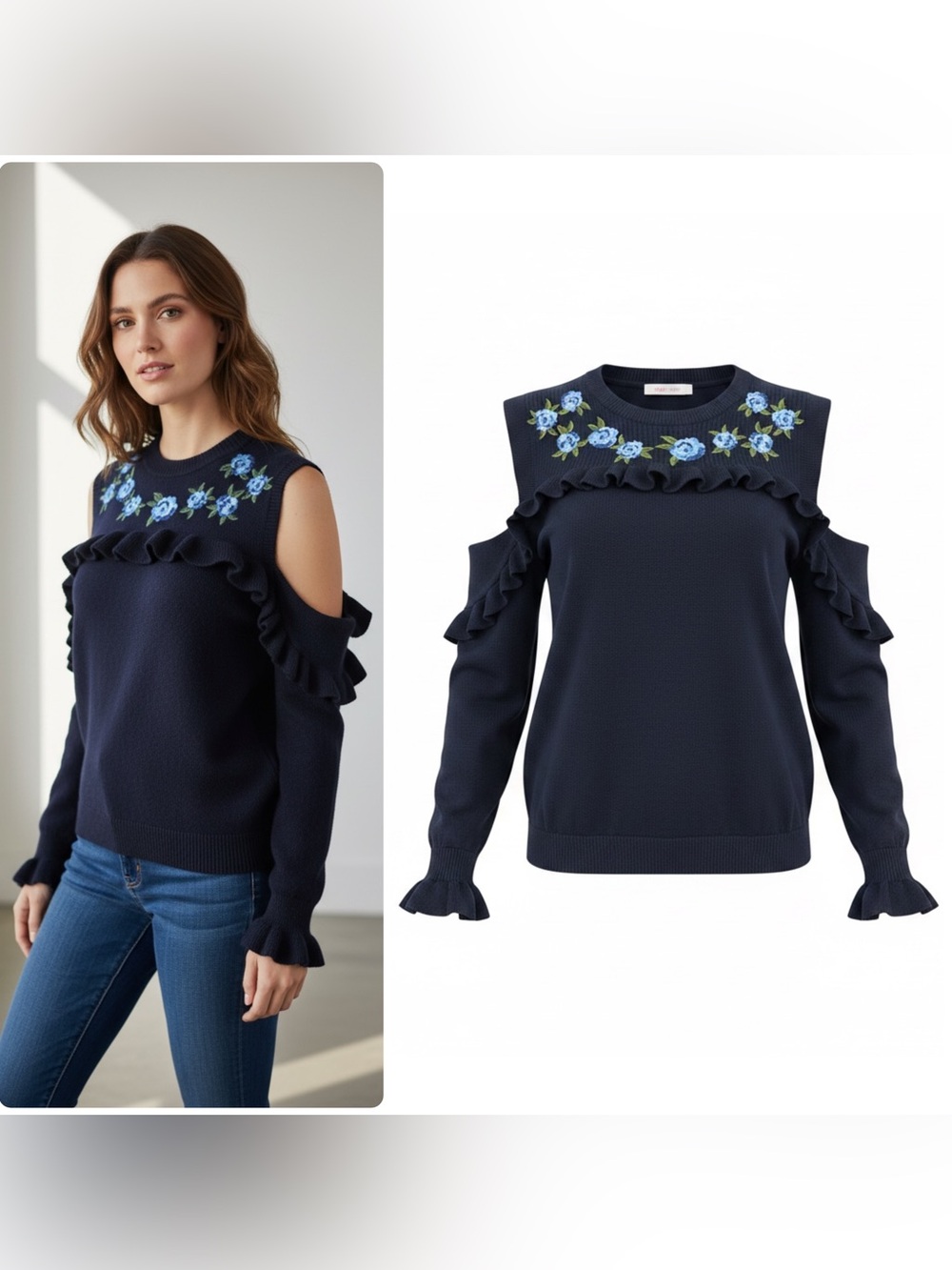 The Kooples Merino Wool Knit Navy Cold-Shoulder Embroidered Sweater Top NWT $295